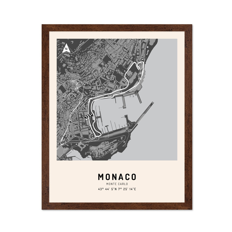 Monaco Race Track, Poster, 12"H x 16"W, Brown Framed