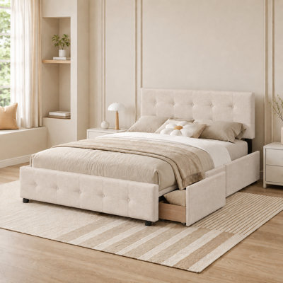 Modern And Sophisticated Upholstered Platform Bed With Linen Upholstery And Four Drawers For Bedrooms