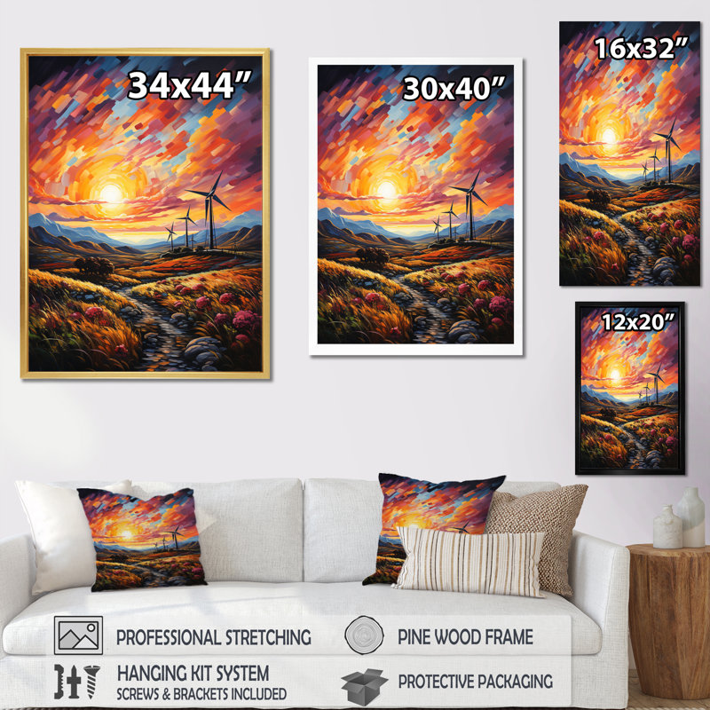 " Wind Turbines Whirling Skies II ", 32" H x 16" W x 1" D, Black Single Picture Framed