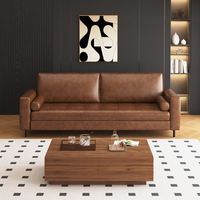 Oil-waxed Leather Sofa & Retractable Coffee Table Set With Storage For Living Room