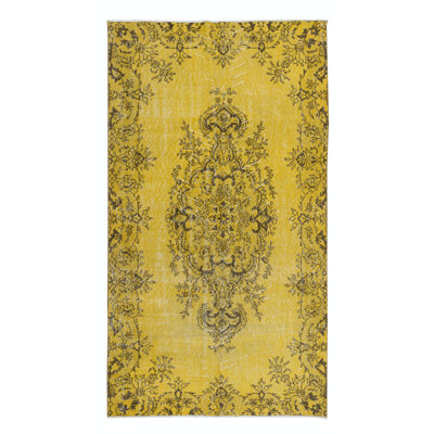4x7 Ft Handmade Turkish Rug Over-Dyed in Yellow, Authentic Carpet made of wool & cotton
