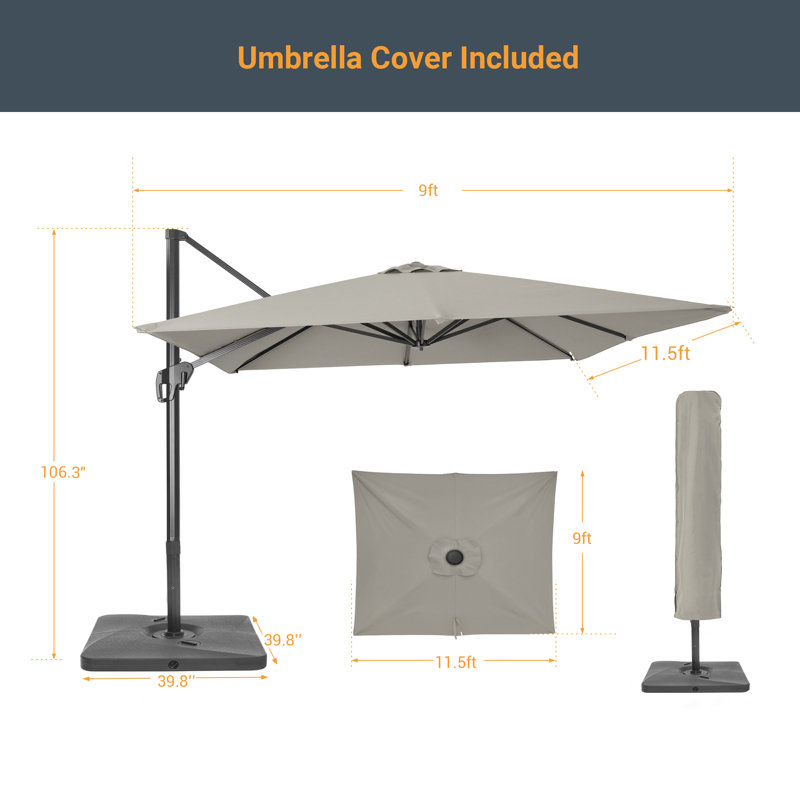 Parasol de patio rectangulaire en porte-à-faux décalé 11,5 x 9 pi avec base lestée Ritvi, Gris