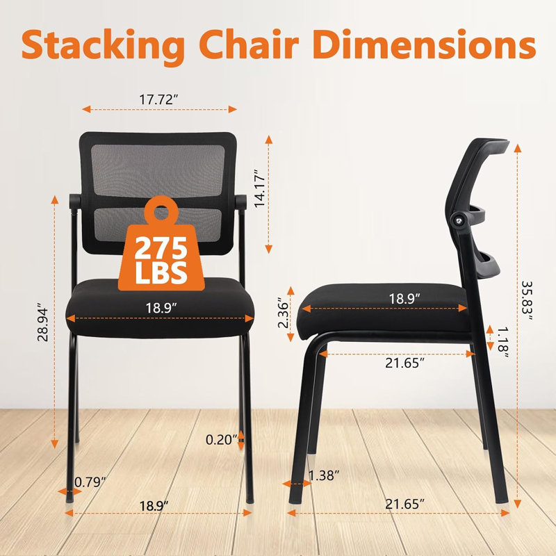  Stacking Armless Office Waiting Room Chair with Adjustable Backrest, Stackable Mesh Guest Reception Desk Chairs with Ergonomic Lumbar Support for Conference Lobby Side School, Black, 4 Pack