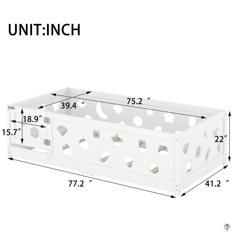 Floor Bed With Heightened Safety Guardrails And Door, Solid Wood Bedframe With Rails, Twin