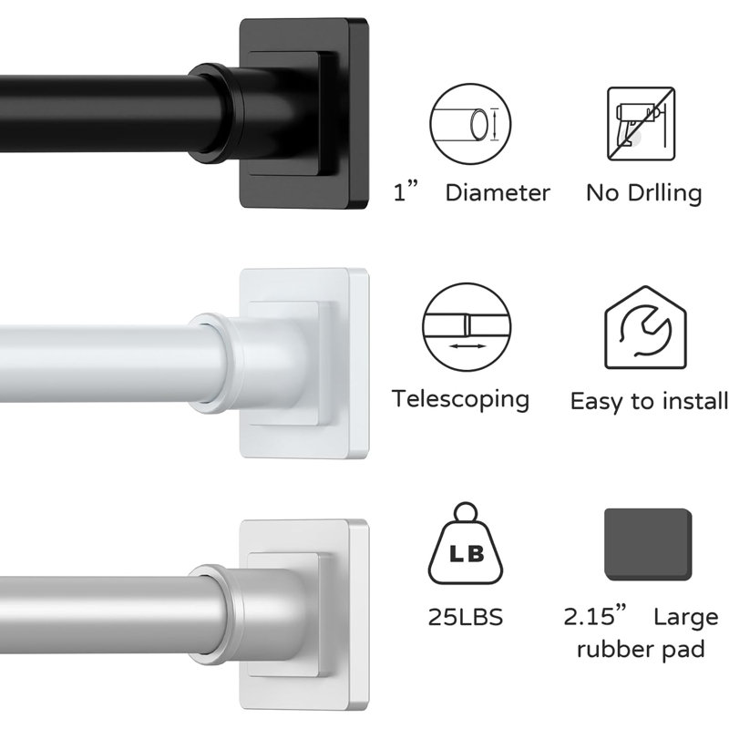 Adjustable Tension Shower Curtain Rod No Drill Installation Non-Slip Spring Loaded Mount For Bathroom Windows And Doors
