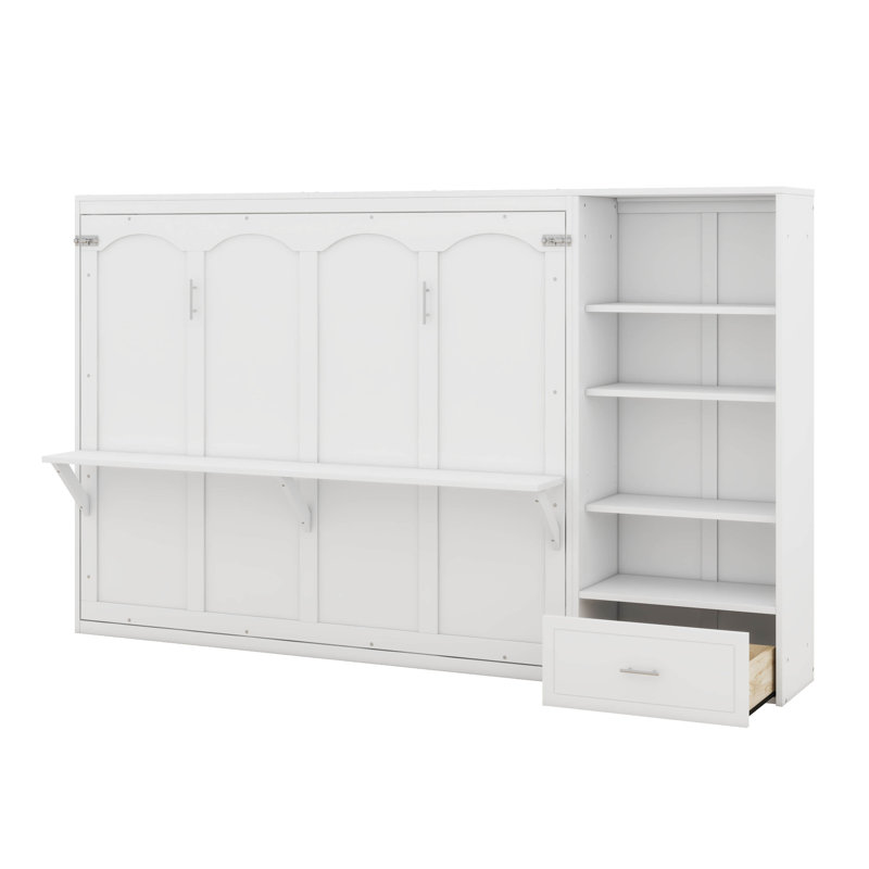 Grand lit escamotable avec rangement réglable, cadre de lit mural avec 4 compartiments, 1 grand tiroir, lit plateforme pliable