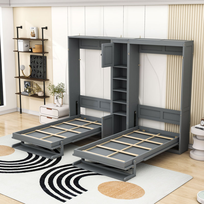 Twin and Twin Murphy Bed with Wooden Frame and Shelves, Gray