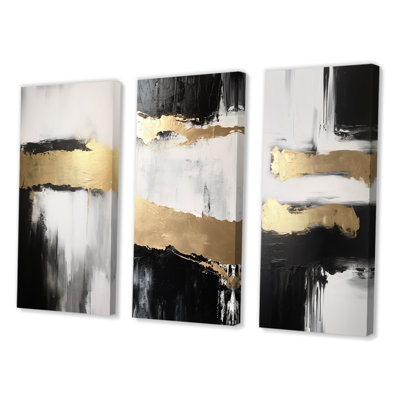 3 Pieces on Canvas - Horizontal Dimensions Abstract Gold Black VI