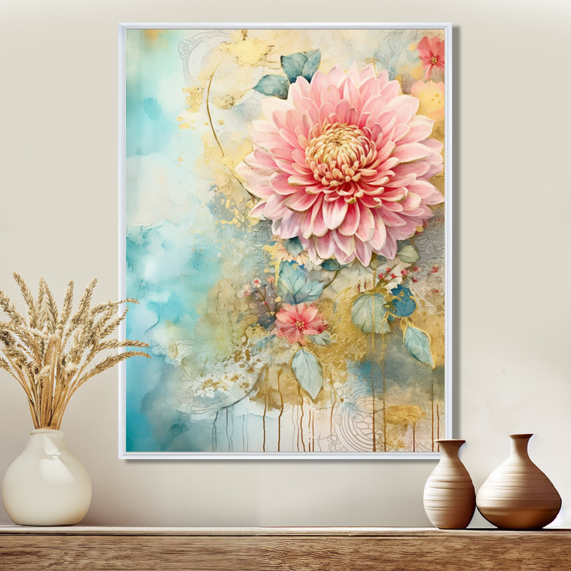 «Dahlia» en fleur, collage doré rétro - décoration murale Dahlia, H 20 po x l 12 po x P 1 po, Toile encadrée flottée blanche
