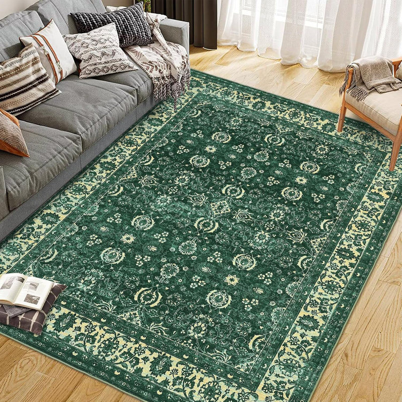 Non-Slip Washable Kitchen & Hallway Runner Rug, Low Pile Vintage Floral, Stain Resistant, Rectangle 9' x 12'