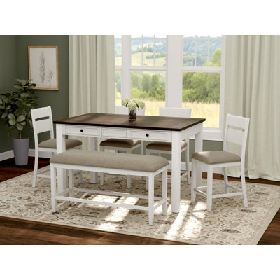 6-Piece Gathering Height Dining Set in Brown and White with Storage Drawers