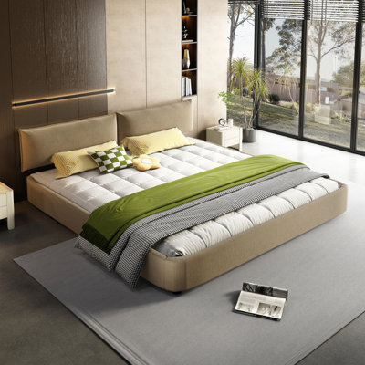 King Size Cloud Bed Frame With Oversized Padded Movable Headboard, Upholstered Bed With Round Corner