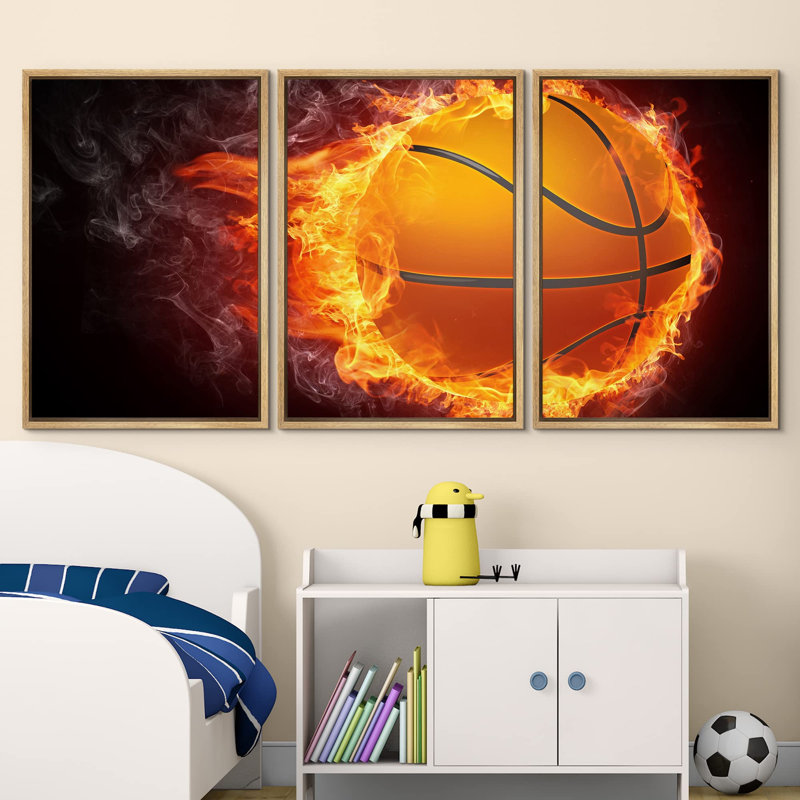 Passionate Burning Basketball - Graphic Art Print, 36" H x 72" W, Natural Floater Framed