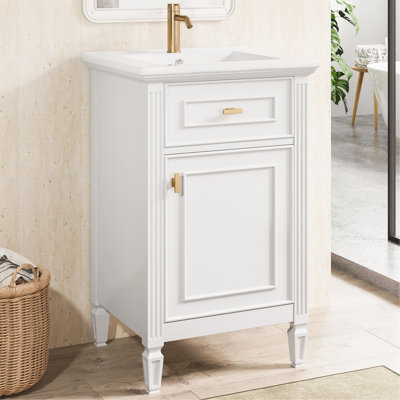 Meuble-lavabo blanc de 20 po avec lavabo, pieds en bois massif, tablette réglable, tiroir inclinable, boutons en alliage de zinc, armoire autoportante moderne pour petite salle de bain