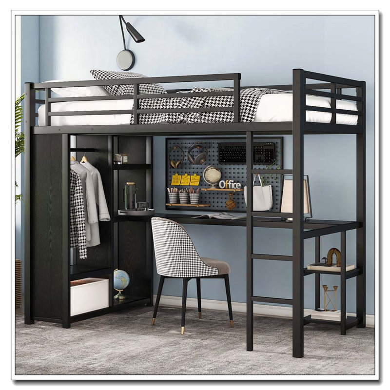 Loft Bed Frame with Built-in Wardrobe, Desk and Storage Shelves, Twin