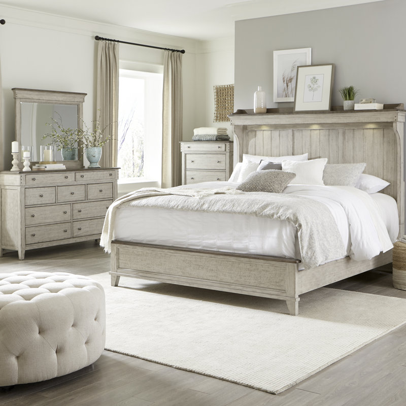 Cathleen Mantle Bed, King, 4 Pcs: Bed, Dresser, Mirror, Chest