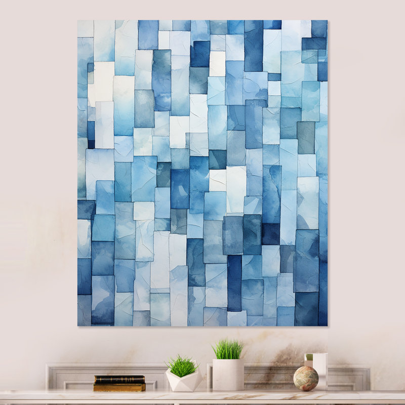 Carreaux scandinaves blancs et bleus VI - tuile abstraite, art mural en métal, H 32 po x l 16 po x P 1 po