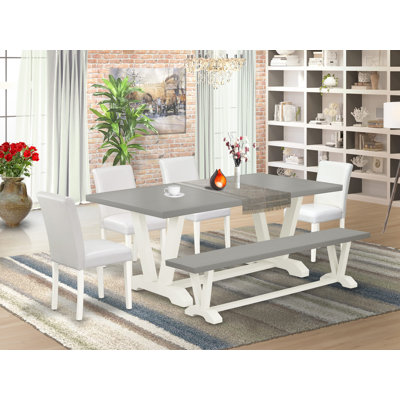 Ensemble de 6 pièces comprenant une table de salle à manger en ciment, un banc en bois et 4 chaises Parson en similicuir blanc - Lin brossé blanc