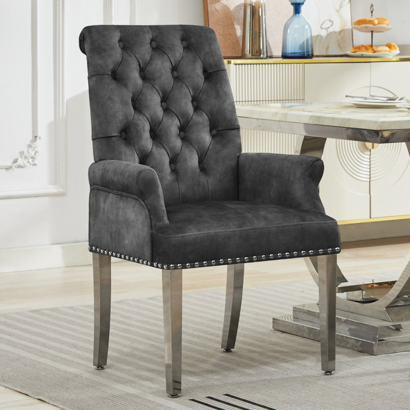 Chaises de salle à manger rembourrées à accoudoirs capitonnés, Velours gris foncé