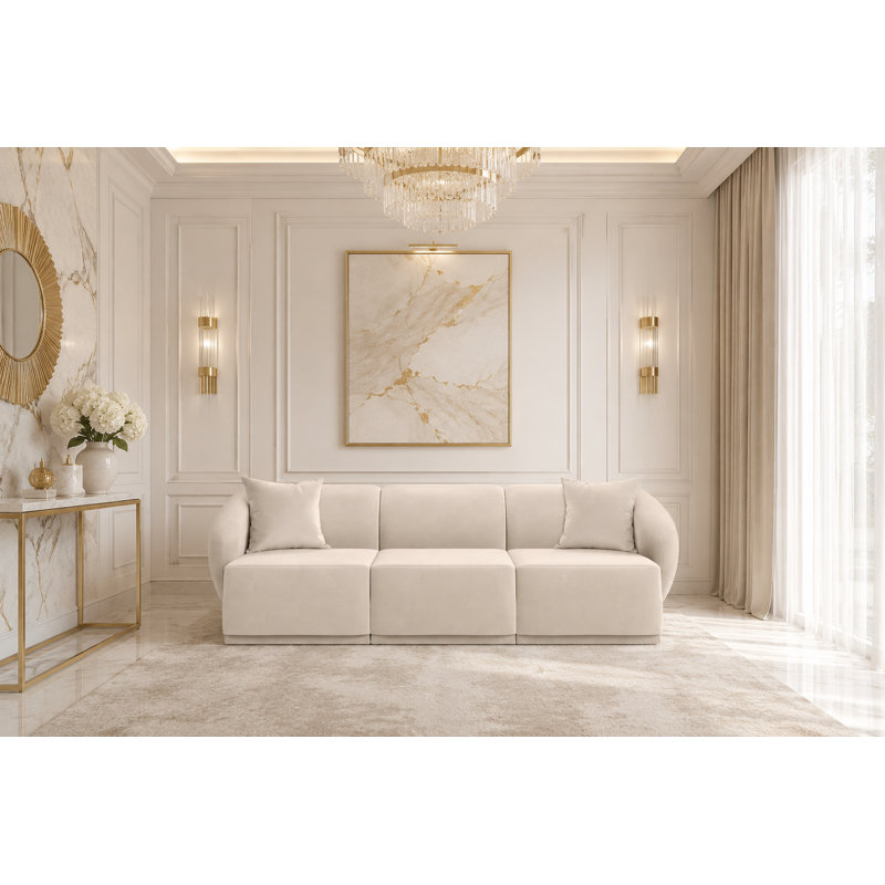 3 Seater Velvet Sofa & Chaise, Beige