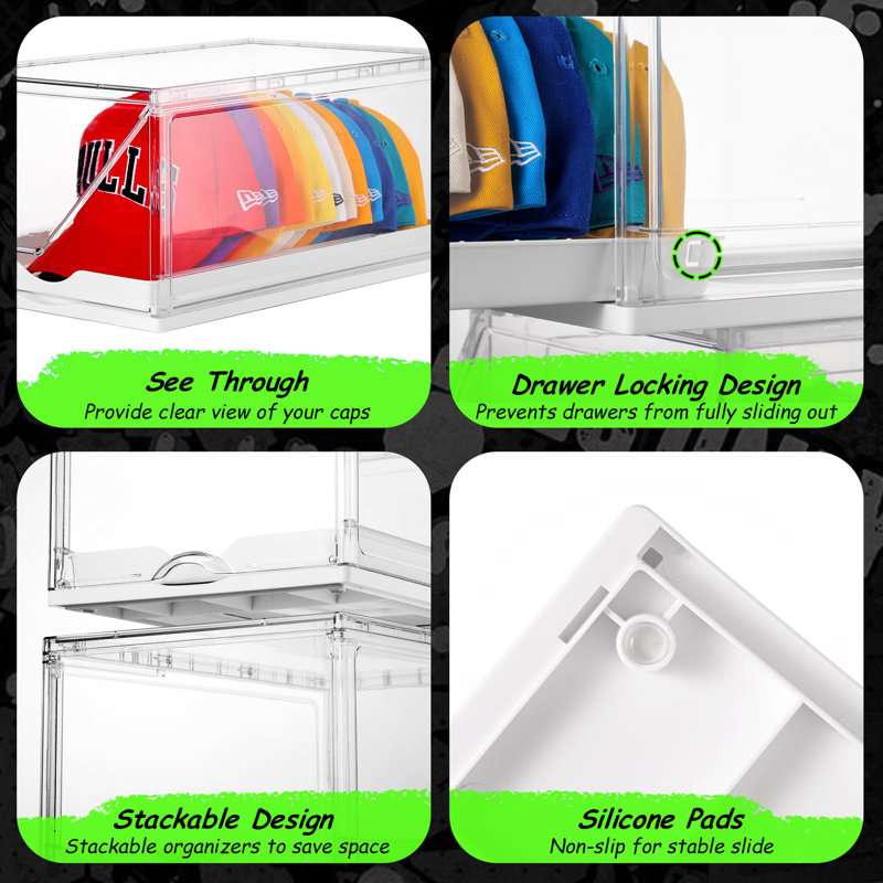 2 Pack Hat Organizer For Baseball Caps, Clear Hats Holder Box With Drawer, Large Cap Storage With Sliding Tray, Stackable Rack Display Case With Magnetic Door, Each Holds 12 Hats