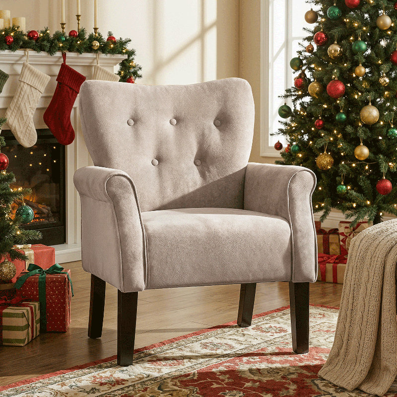 Upholstered Armchair, Button Tufted Accent Chair Single Sofa with Wood Legs for Living Room Bedroom, Beige
