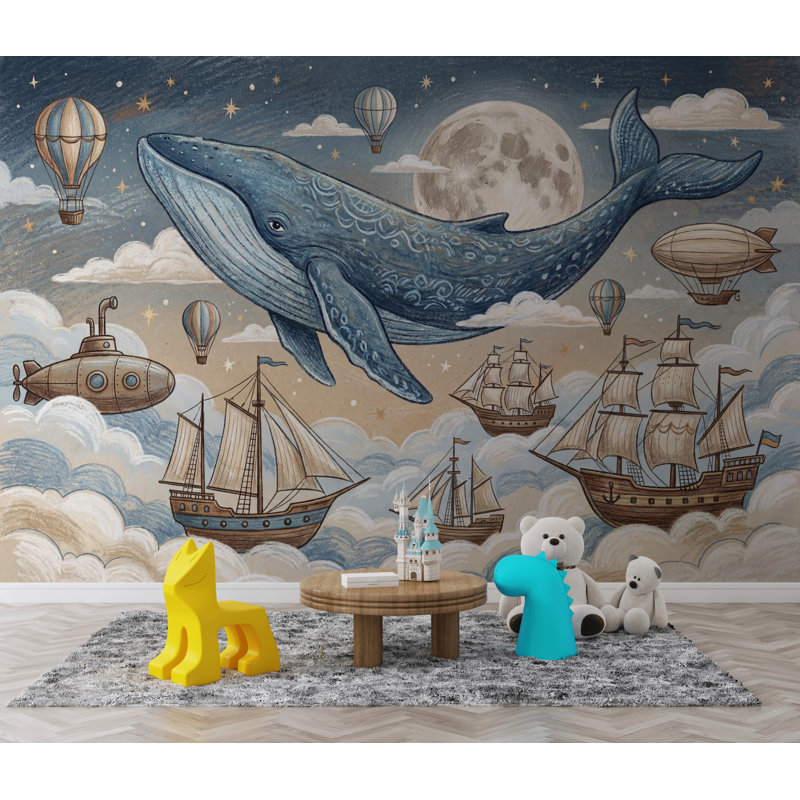 Murale baleine fantaisie nautique, Texturé non collé, 160 po x 108 po