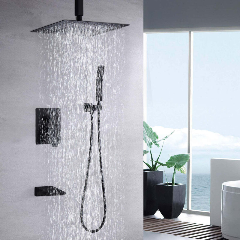 Système de douche moderne à fixation au plafond noir mat avec pomme de douche à haute pression, corps de valve à main, garniture brute et garniture inclus