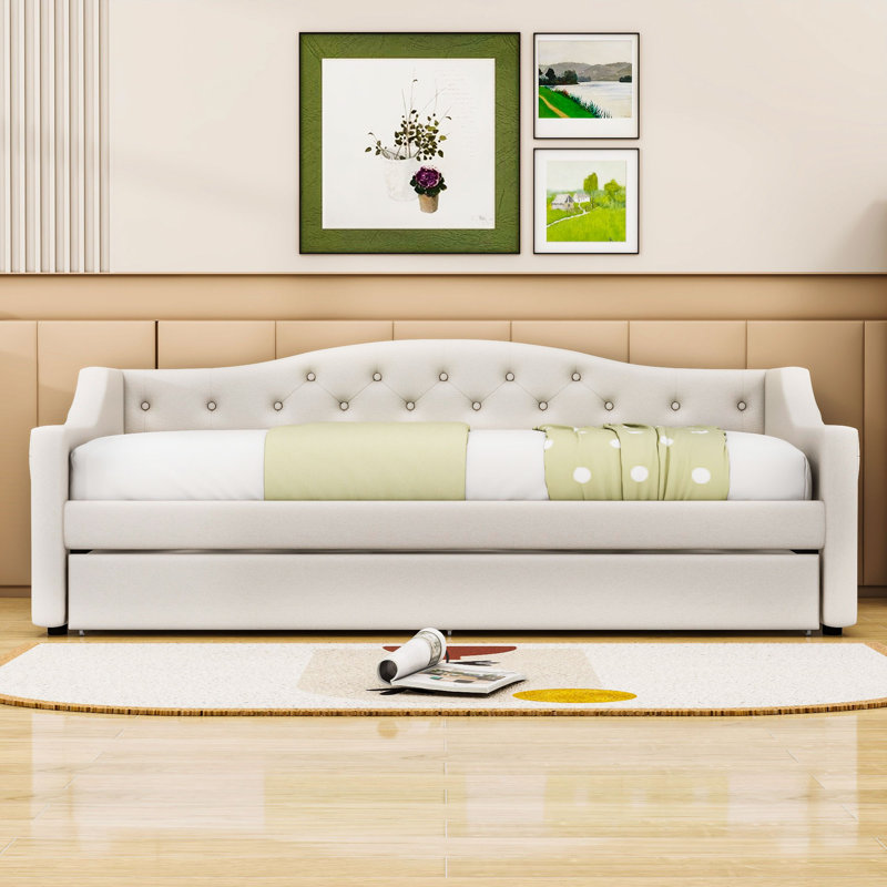Twin XL Upholstered Daybed with LED and Trundle, Beige