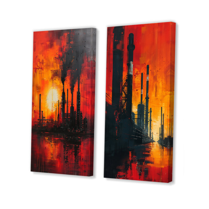 «Red Orange Industrial Industrial Landscape I - Factories», ensemble d'art mural 2 pièces, H 32 po x l 32 po