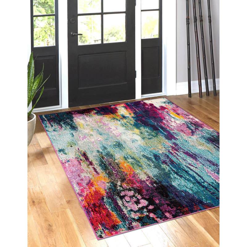 Tapis rose / noir / gris à motif abstrait Quinlin, Rectangle 4 pi x 6 pi