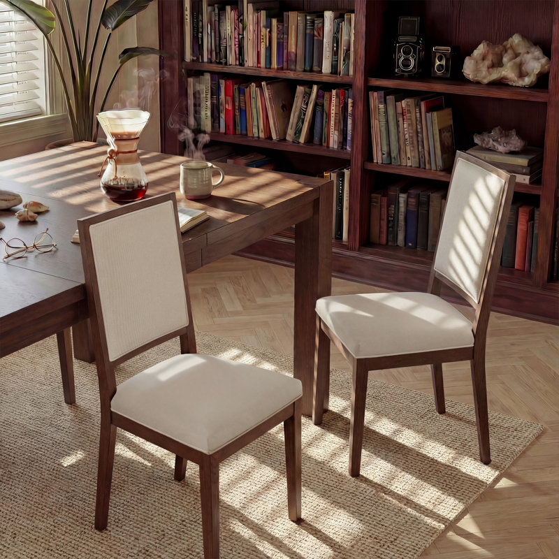 Parsons Dining Chair with Upholstered Beige Linen High Back (Set of 2) , Brown