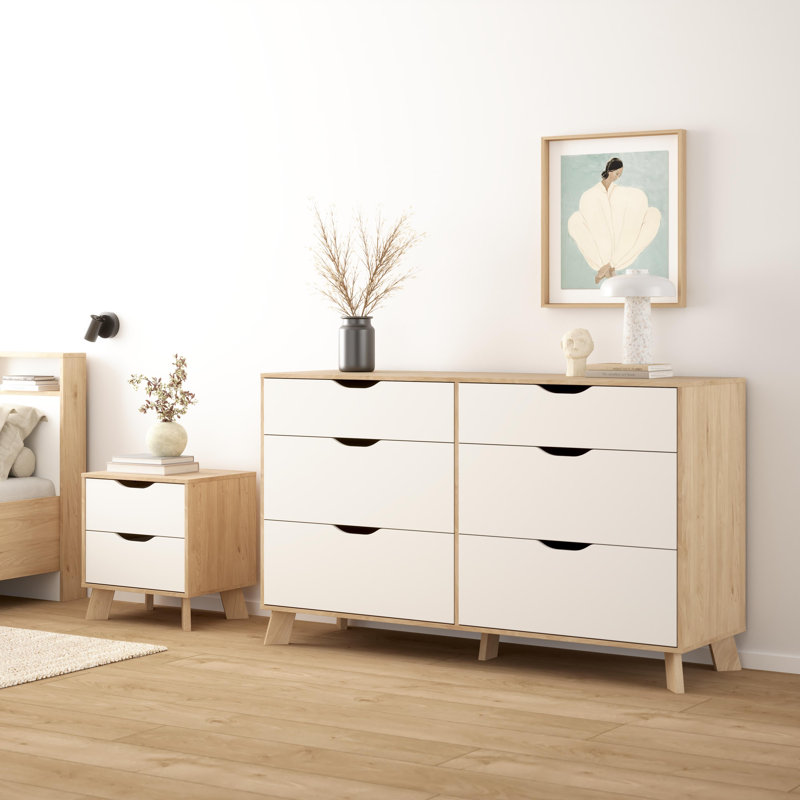 Ensemble de chambre à coucher 2 pièces Ikast - Commode double 6 tiroirs et table de chevet, hickory Jackson / blanc
