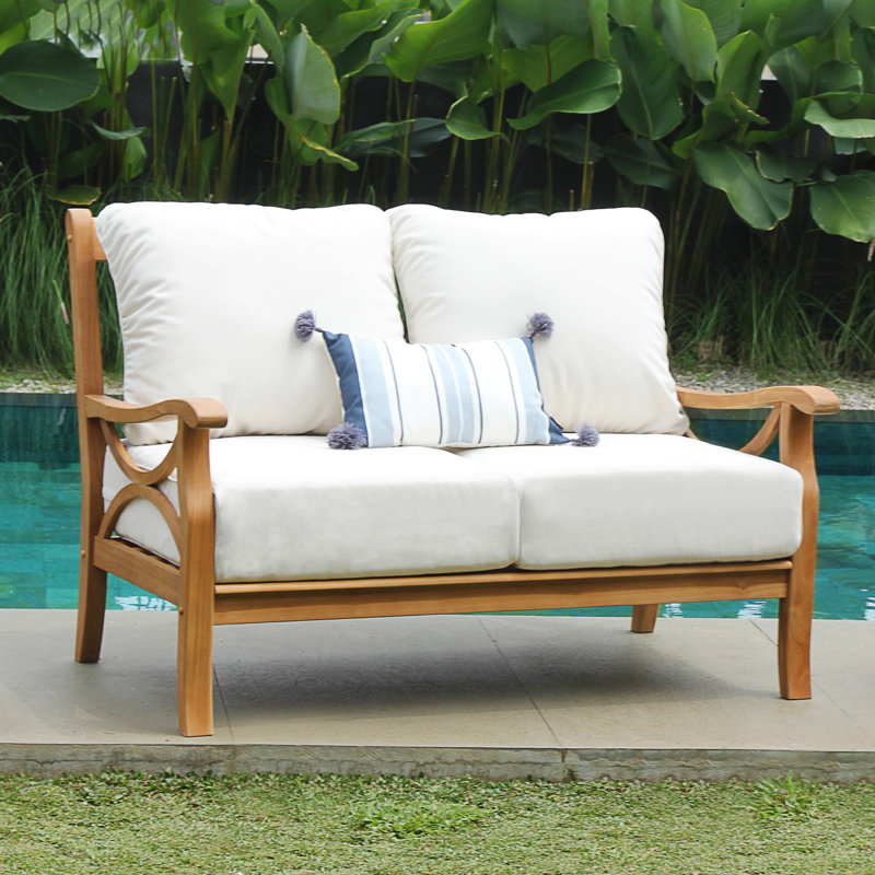 Brunswick 52'' Wide Rectangle Teak Loveseat with Cushions, Off White, Natural