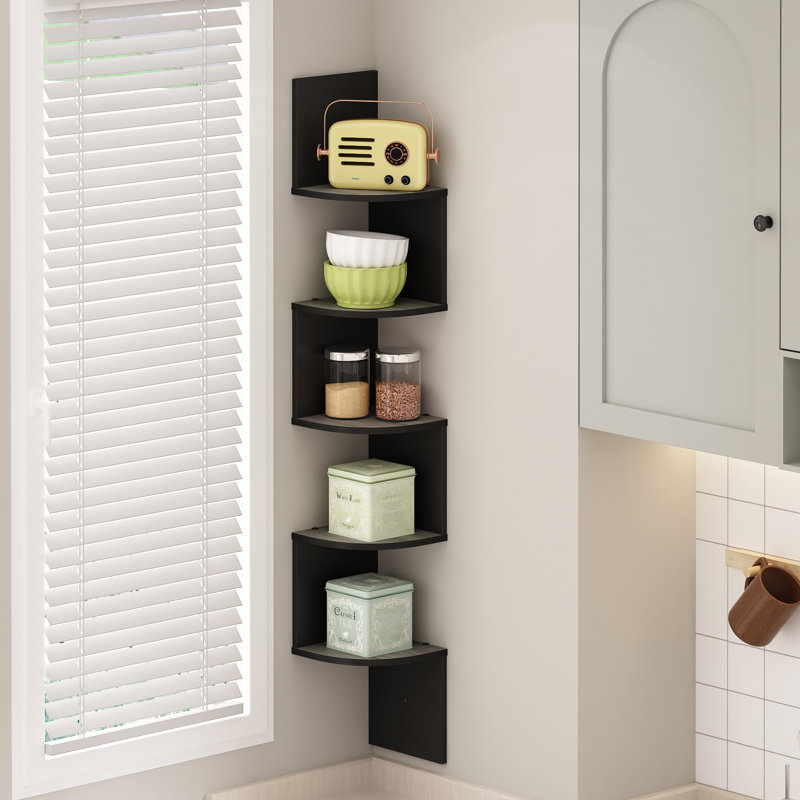 Rodrich 5 Piece Corner Floating Shelf, Oak/Black