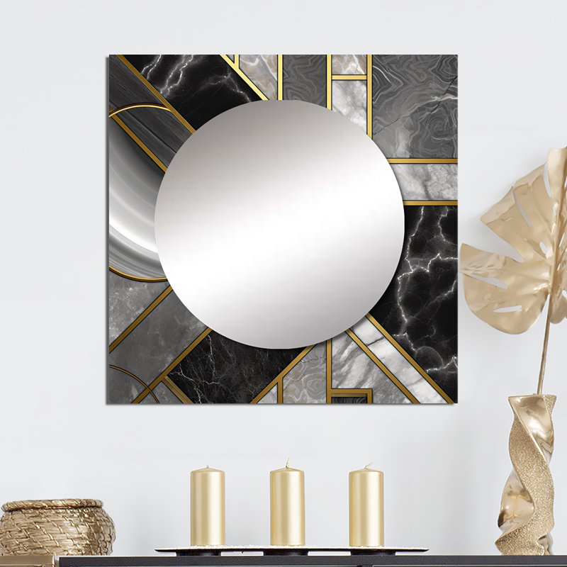 Chrisanthe - Marble Granite Agate With Touches Of Gold III Modern Geometric Square Mirror Wall Art For Bathroom, 23" x 23"