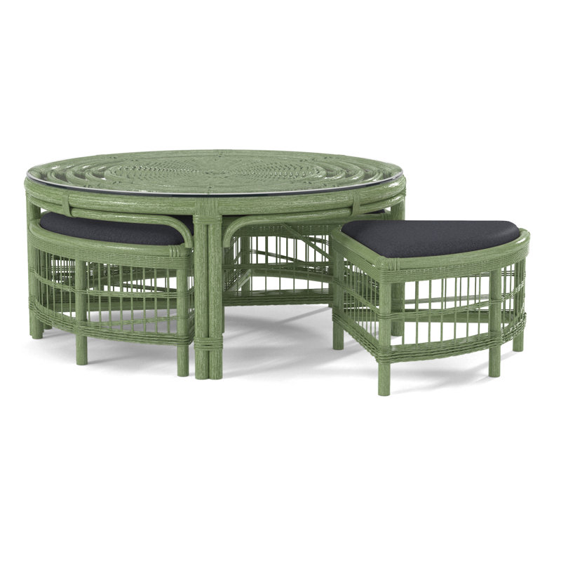 Raffles Rattan Cocktail Table with Benches, Celery, White Performance Fabric; 0851-94
