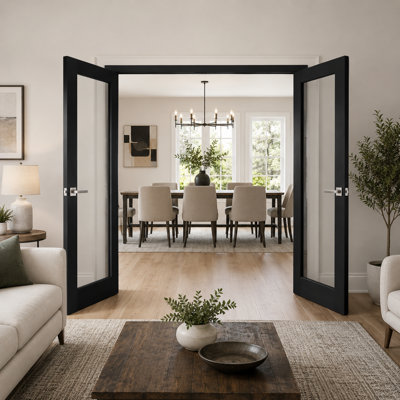 Solid French Double Doors Clear Glass Lucia 2166 Matte Black Wood Solid Panel Frame Trims Closet Bedroom Sturdy Doors 56" x 80" (2* 28x80) Clear Glass