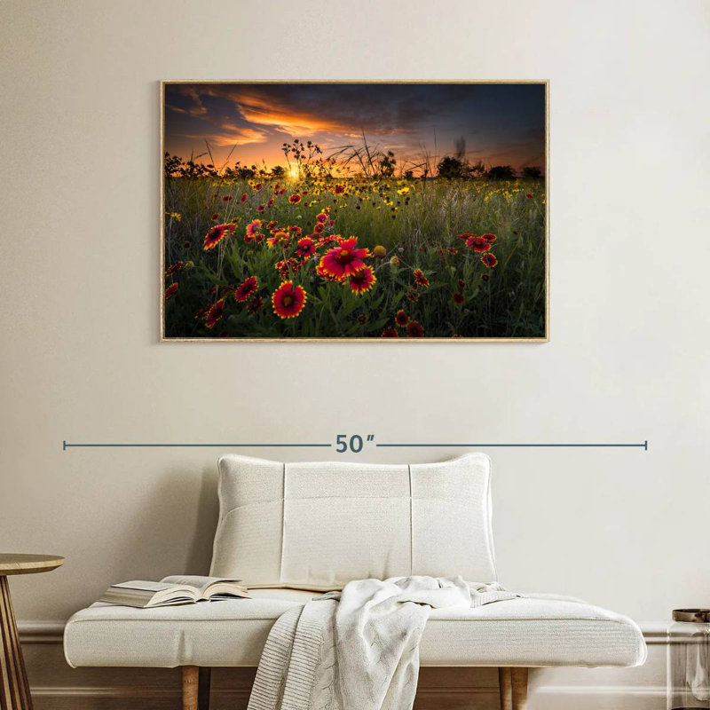 Aube au champ de fleurs, Cadre flottant en bois naturel, 40 po x 27 po