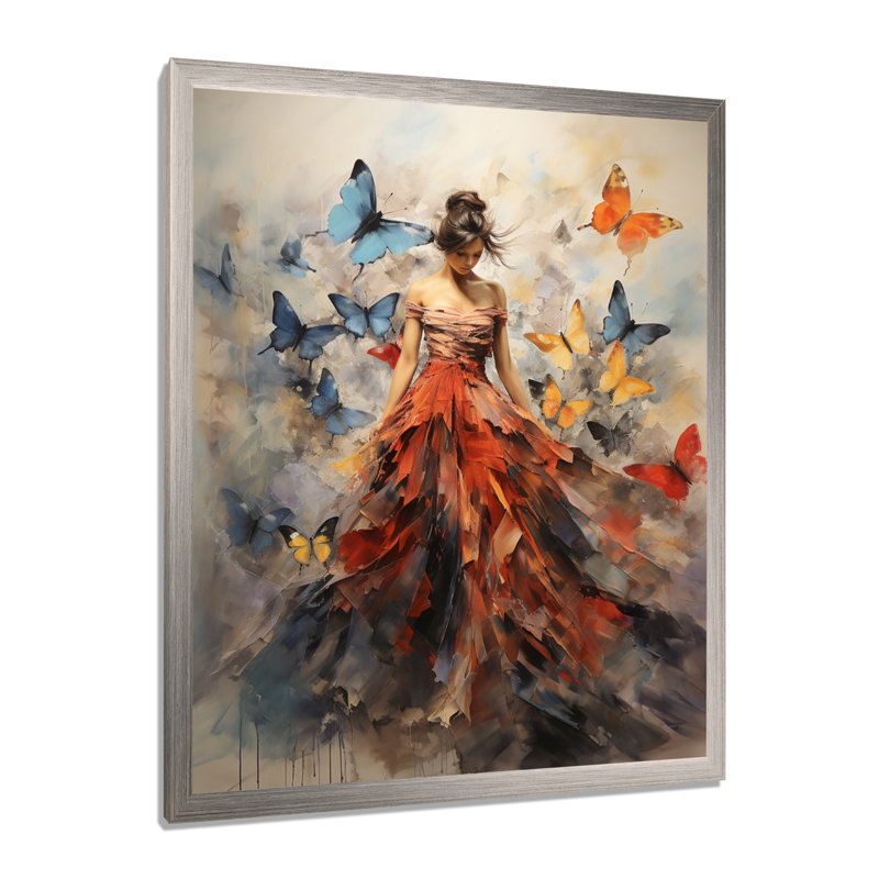 Papillon et femme dansant I - art mural papillon, H 32 po x l 24 po, Cadre photo unique, Argent argent