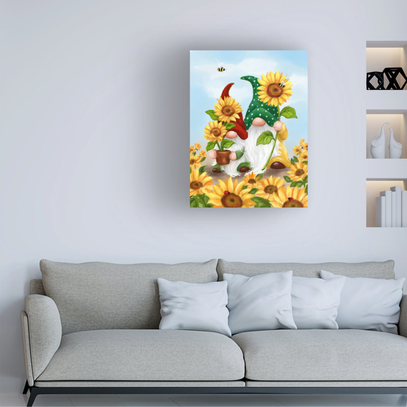 Art sur toile Jean gnomes avec deux tournesols, H 24 po x l 32 po