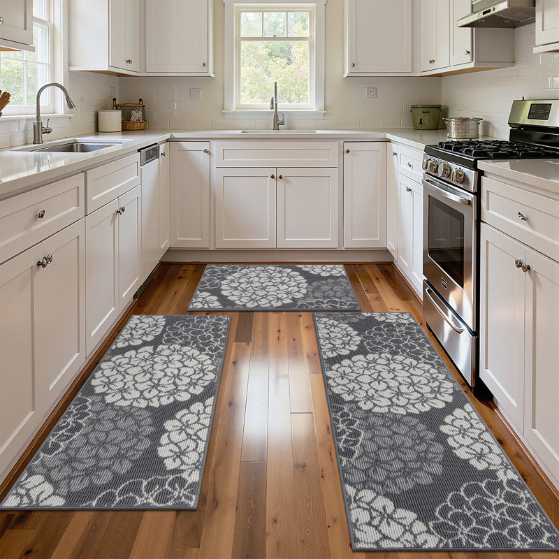 Hydrangea Wear-resistant Kitchen Mat Door Mat Washable Runner Rug (Set of 3), Gray