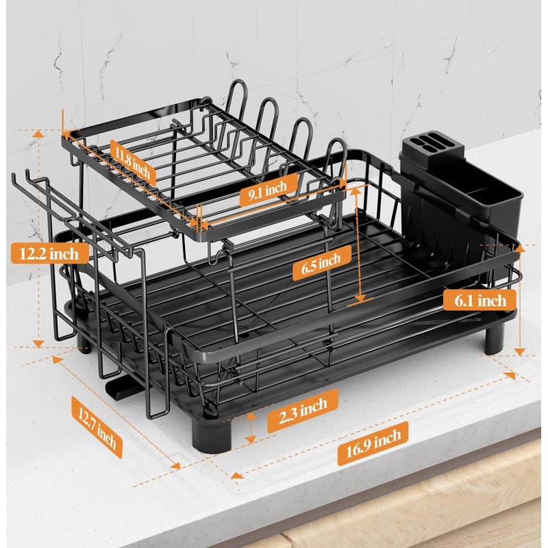 Séchoir à vaisselle à deux niveaux en acier inoxydable avec égouttoir automatique, ustensiles et porte-verres à vin