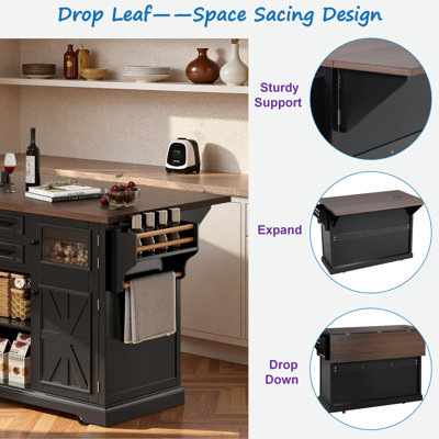 Kitchen Island with Drop Leaf, Power Outlet, Door Shelves, Drawers, Adjustable Shelves and Wheels