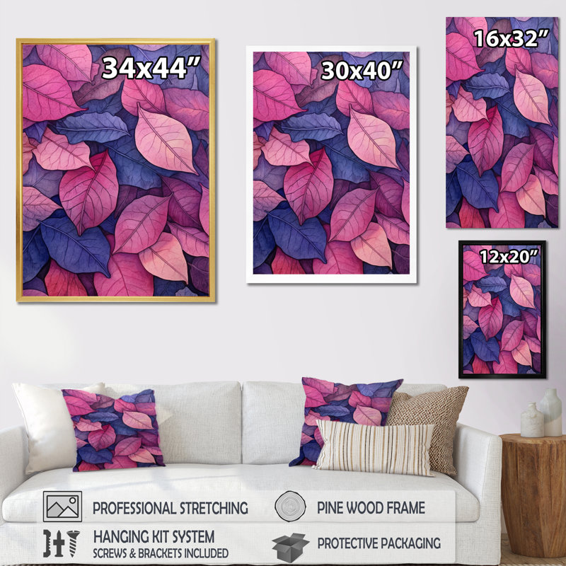 «Pink Blue Leafs Harmony II», reproduction sur toile, H 44 po x l 34 po x P 1,5 po, Cadre flottant doré