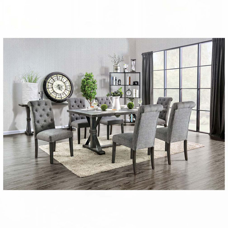 Linen Upholstered Dining Chair Set with Tufted Upholstered Back ,Wood Legs, Gray