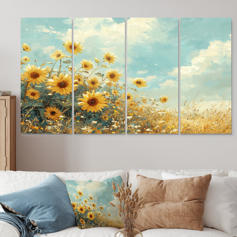 "Tournesols de campagne dans le vent - Décoration murale tournesols - Art mural traditionnel 4 pièces, H 28 po x l 48 po