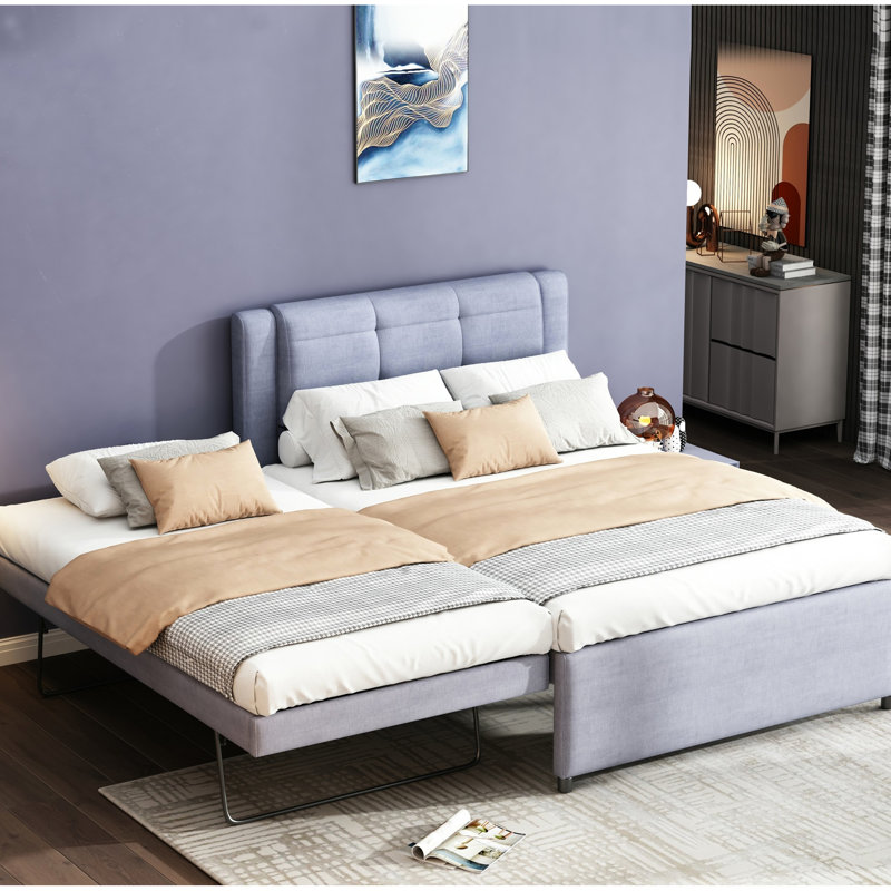 Lit plateforme gris avec lit gigogne amovible - Lit gigogne tapissier élégant Fabrication robuste en bois massif. Pas de sommier tapissier. Lin Comfort Zone