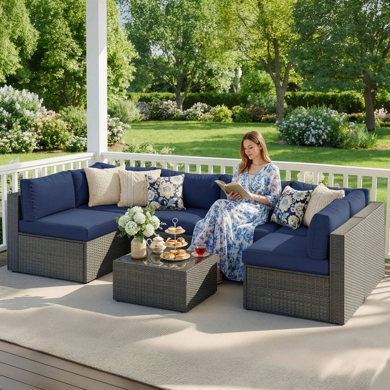 Ensemble de conversation modulaire en osier avec coussins 7 pièces, Structure grise / coussin bleu marine