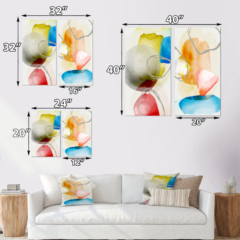 «Trendy Abstracts with Colorful Shapes VI», ensemble de 2 peintures, Toile tendue, H 20 po x l 24 po x P 1 po